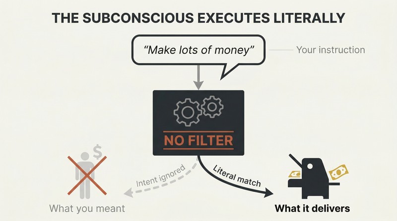 Vertical flow diagram showing an ambiguous instruction entering a filterless engine, which bypasses intended meaning and delivers the literal interpretation instead.