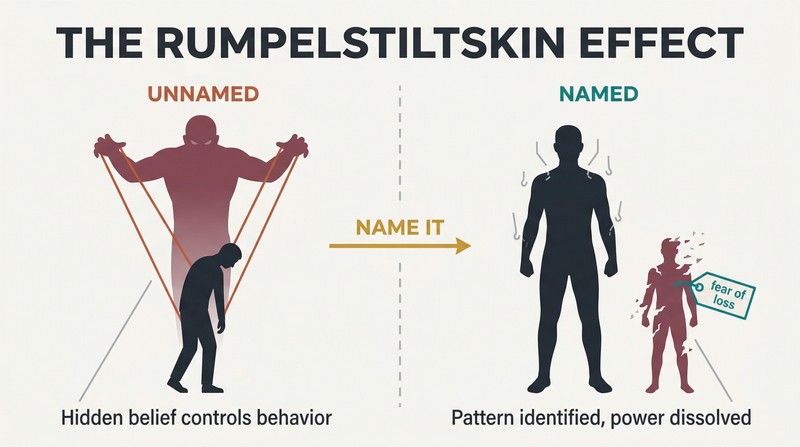 Split panel showing a large shadow controlling a small figure with puppet strings on the left, and a tall free figure beside a shrinking named shadow on the right.