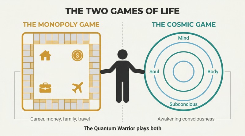 Split panel showing a material success game on the left and a consciousness awakening game on the right, with a single figure standing at the center spanning both worlds.