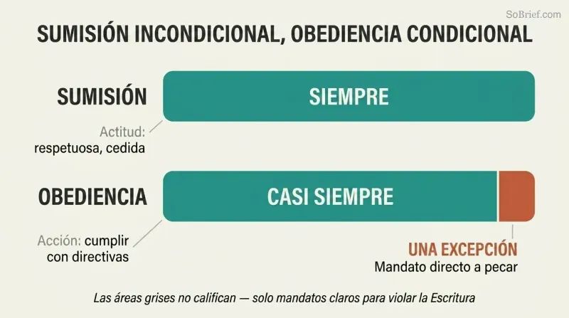 Two parallel horizontal bars comparing submission as fully unconditional with obedience having one narrow exception for direct commands to sin.