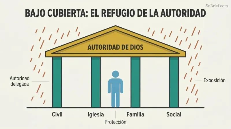 Shelter structure with a roof representing God's authority supported by four pillars labeled Civil, Church, Family, and Social, with a figure safely beneath and rain falling outside.