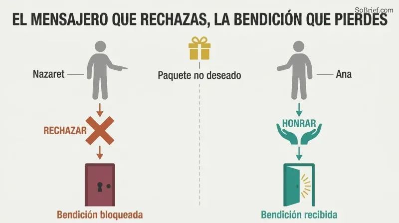 Split panel comparing two responses to unwanted messengers: rejection leading to blocked blessings on the left, and honor leading to received blessings on the right.