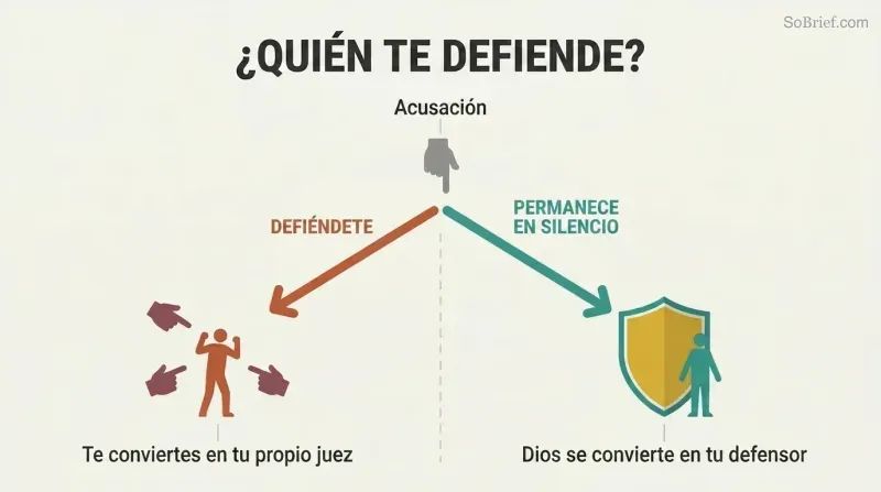 Fork diagram showing how self-defense against accusation leads to fighting alone while silence yields a shield of divine protection.
