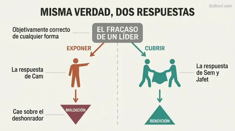 Fork diagram showing how the same knowledge of a leader's failure diverges into exposing (leading to curse) versus covering with honor (leading to blessing).