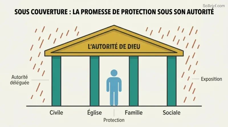 Shelter structure with a roof representing God's authority supported by four pillars labeled Civil, Church, Family, and Social, with a figure safely beneath and rain falling outside.