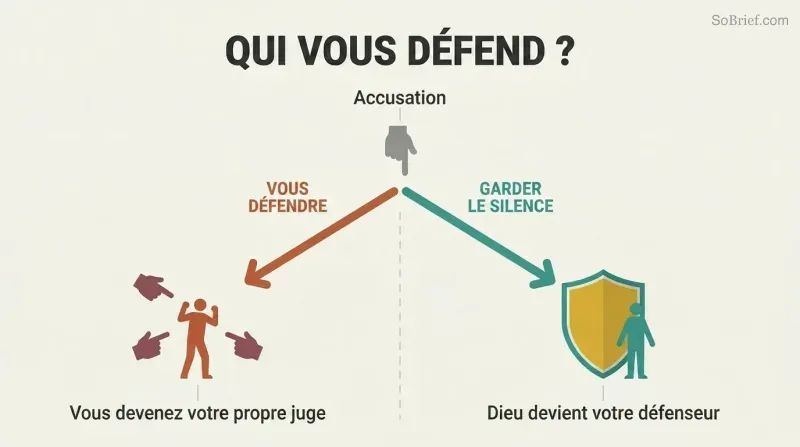 Fork diagram showing how self-defense against accusation leads to fighting alone while silence yields a shield of divine protection.