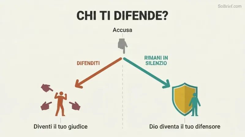 Fork diagram showing how self-defense against accusation leads to fighting alone while silence yields a shield of divine protection.