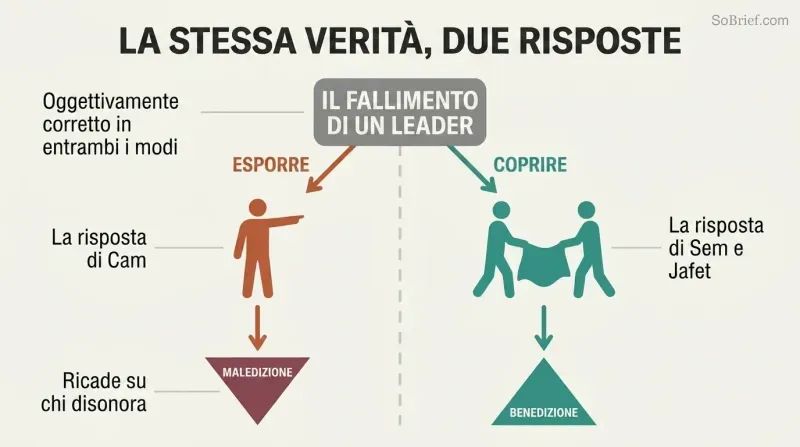 Fork diagram showing how the same knowledge of a leader's failure diverges into exposing (leading to curse) versus covering with honor (leading to blessing).
