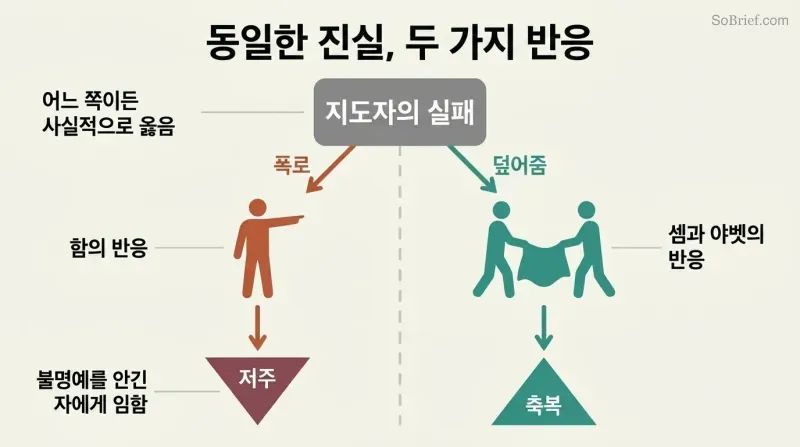 Fork diagram showing how the same knowledge of a leader's failure diverges into exposing (leading to curse) versus covering with honor (leading to blessing).