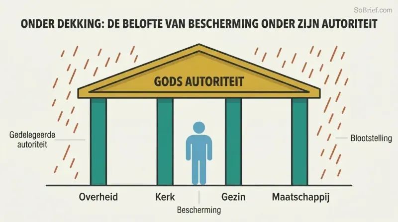 Shelter structure with a roof representing God's authority supported by four pillars labeled Civil, Church, Family, and Social, with a figure safely beneath and rain falling outside.