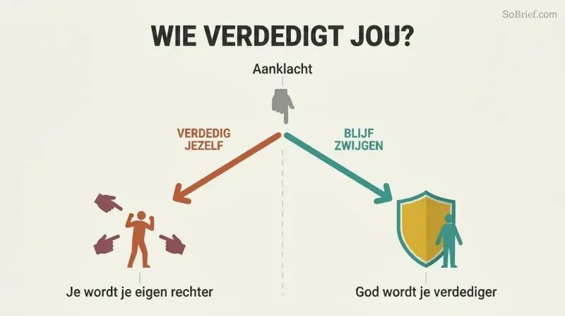 Fork diagram showing how self-defense against accusation leads to fighting alone while silence yields a shield of divine protection.