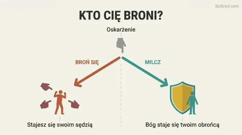 Fork diagram showing how self-defense against accusation leads to fighting alone while silence yields a shield of divine protection.