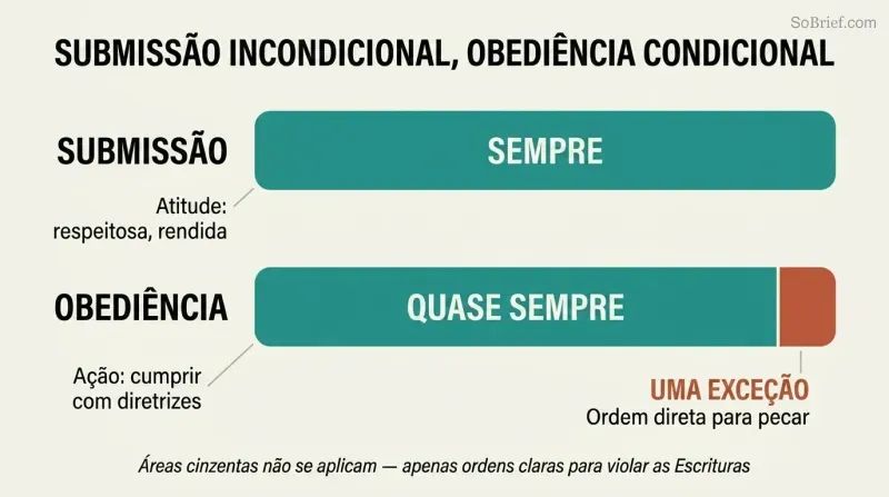 Two parallel horizontal bars comparing submission as fully unconditional with obedience having one narrow exception for direct commands to sin.