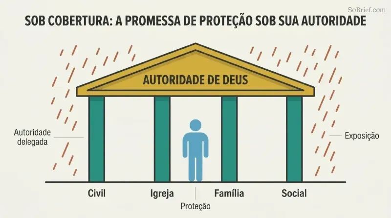 Shelter structure with a roof representing God's authority supported by four pillars labeled Civil, Church, Family, and Social, with a figure safely beneath and rain falling outside.