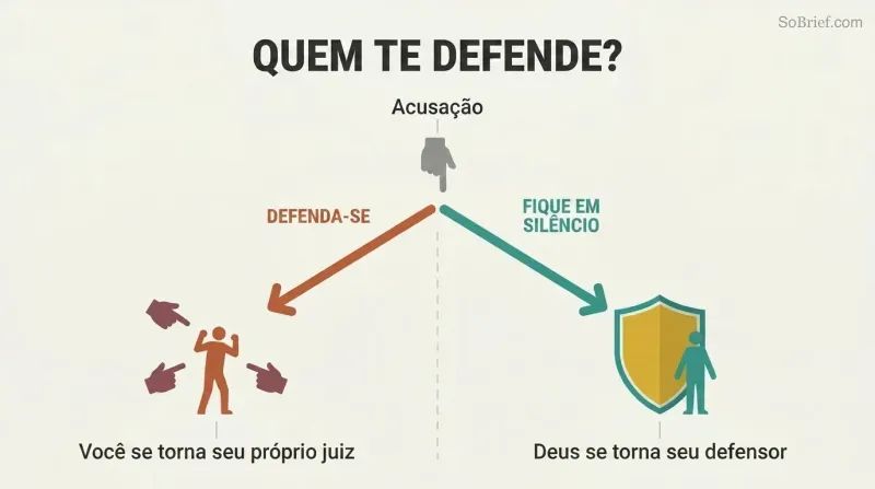 Fork diagram showing how self-defense against accusation leads to fighting alone while silence yields a shield of divine protection.