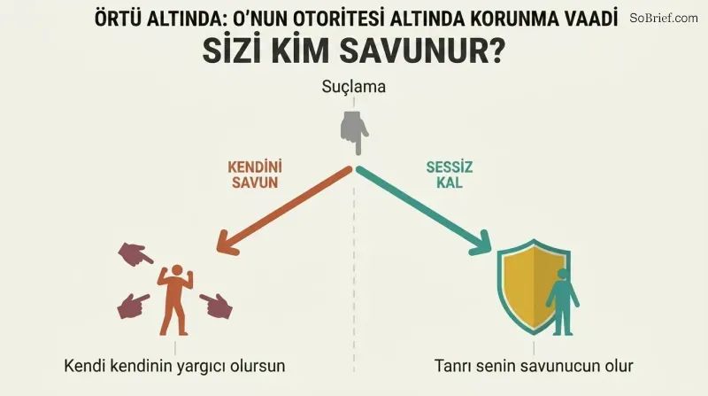 Fork diagram showing how self-defense against accusation leads to fighting alone while silence yields a shield of divine protection.
