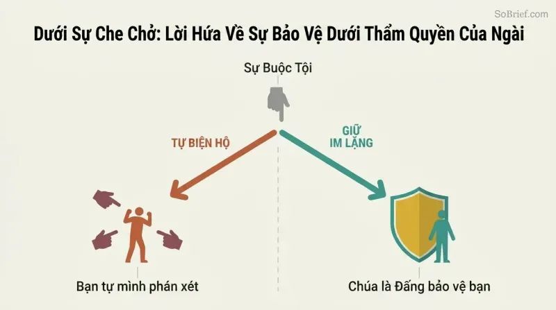 Fork diagram showing how self-defense against accusation leads to fighting alone while silence yields a shield of divine protection.
