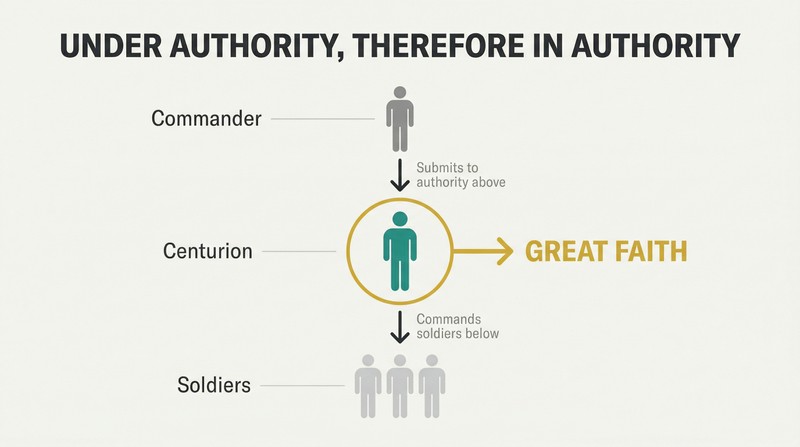 Vertical chain of command with commander above, centurion in the highlighted middle, and soldiers below, showing how the centurion's position under authority produces great faith.