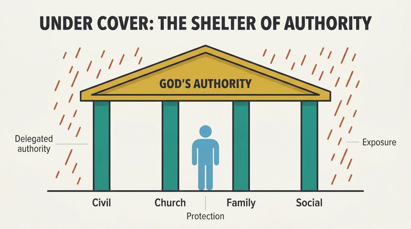 Shelter structure with a roof representing God's authority supported by four pillars labeled Civil, Church, Family, and Social, with a figure safely beneath and rain falling outside.