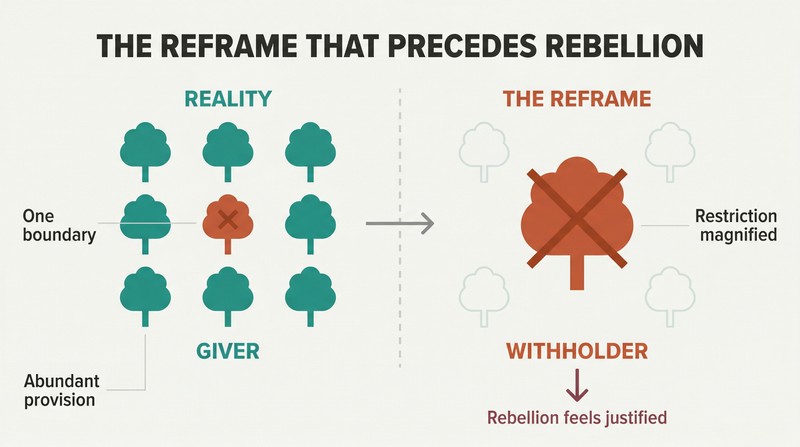 Split panel contrasting abundant provision with one boundary against a narrowed view showing only the restriction, revealing how distorted perception makes rebellion feel justified.