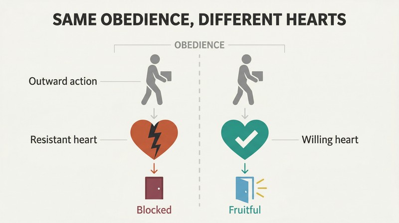 Split panel comparing two identical figures performing the same action, one with a resistant heart yielding barrenness and one with a willing heart yielding abundance.
