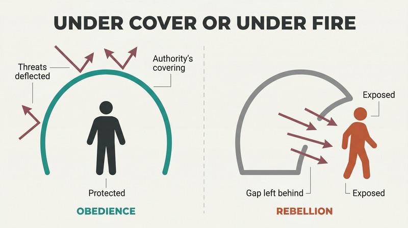 Split panel comparing a figure shielded under a protective arch with dark arrows deflecting away, versus a figure who has stepped outside the arch leaving a gap where dark arrows flood through.