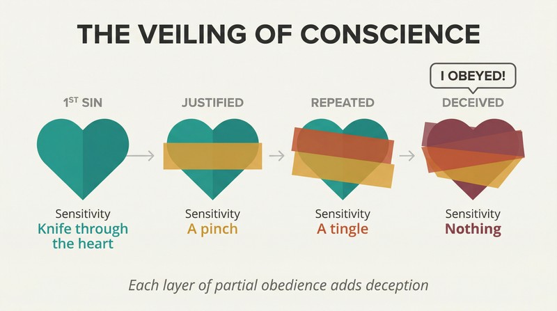 Four stages of a heart progressively covered by veil layers, showing how unjustified sin numbs sensitivity from sharp pain to feeling nothing.