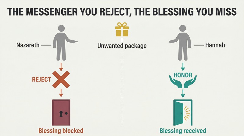 Split panel comparing two responses to unwanted messengers: rejection leading to blocked blessings on the left, and honor leading to received blessings on the right.