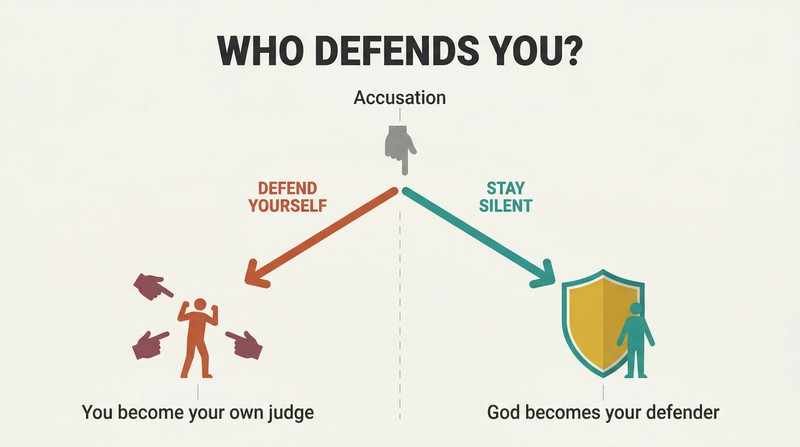 Fork diagram showing how self-defense against accusation leads to fighting alone while silence yields a shield of divine protection.