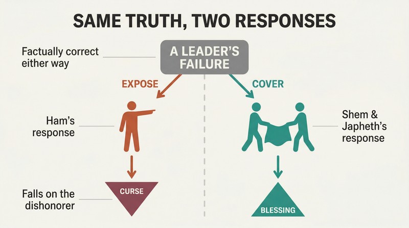 Fork diagram showing how the same knowledge of a leader's failure diverges into exposing (leading to curse) versus covering with honor (leading to blessing).