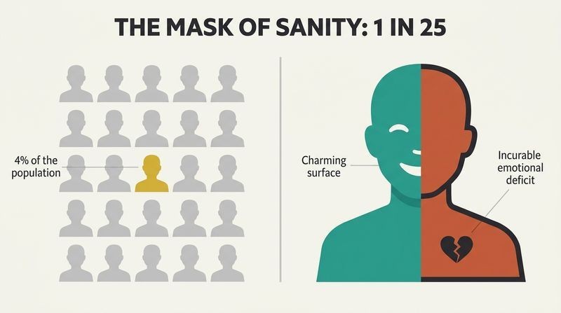 A split infographic showing a 5x5 grid of people with one highlighted in gold, alongside a detailed split profile of a figure with a smiling facade concealing a hollow emotional core.