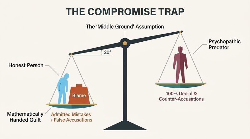 Tilted balance scale demonstrating how seeking a middle-ground compromise in a dispute mathematically favors a liar over an honest person.