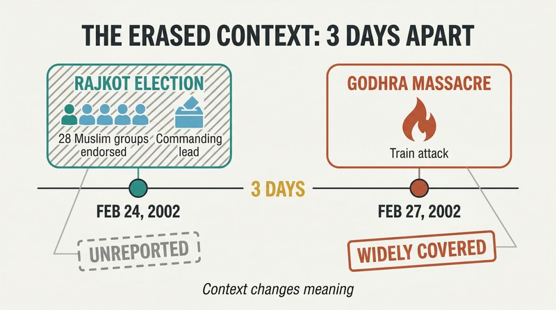 Timeline showing Muslim voter support for Modi on February 24 obscured by hatch lines labeled unreported, placed just three days before the widely covered Godhra event of February 27.