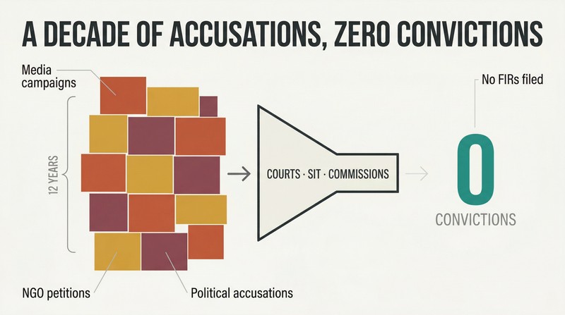 Funnel diagram showing a massive pile of accusations narrowing through legal scrutiny into an empty space marked zero, illustrating the disproportion between campaign intensity and court outcomes.