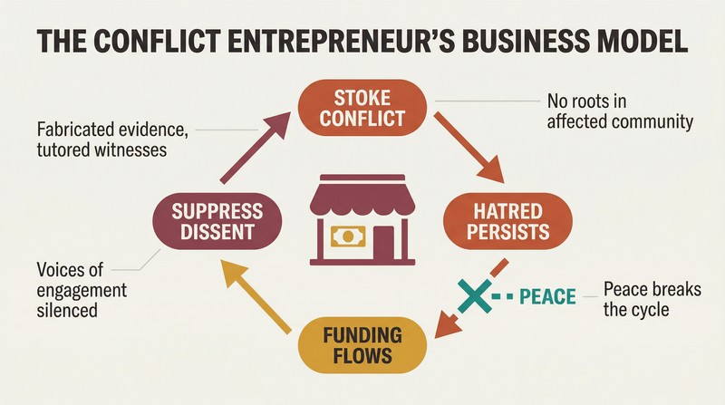 Circular loop showing how conflict entrepreneurs stoke hatred to attract funding, which fuels more conflict, with peace breaking the cycle.