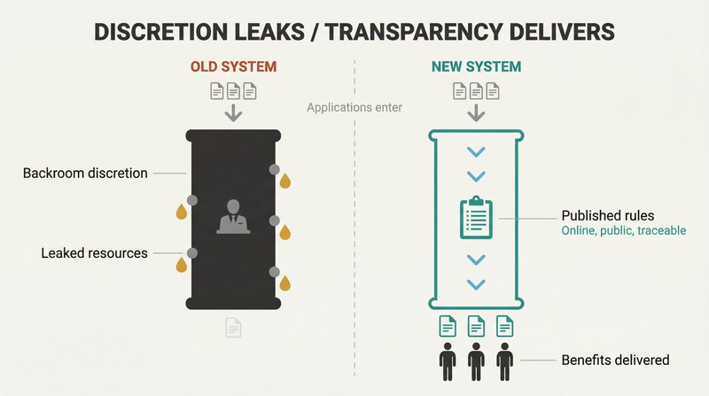Split panel comparing two pipelines: an opaque one with holes leaking resources versus a transparent one delivering benefits intact to citizens.