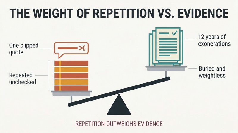 A dramatically tipped balance scale where one clipped quote amplified by media repetition outweighs a tall stack of twelve years of court exonerations.