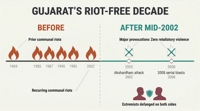 Split timeline showing decades of frequent communal riots on the left contrasted with a completely peaceful decade on the right, where even major provocations triggered zero retaliation.