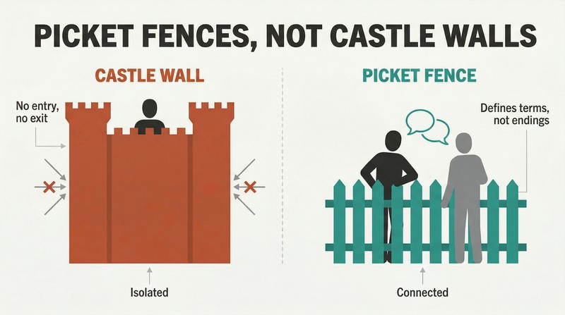 Split panel comparing a figure isolated behind tall castle walls with a figure conversing over a low picket fence, showing two approaches to workplace boundaries.