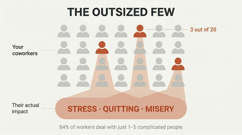 Grid of twenty person silhouettes with three highlighted in terracotta casting a disproportionately large shadow, showing how few people cause most workplace misery.