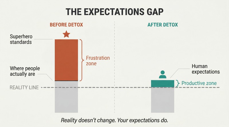 Split panel comparing a large frustration gap between high expectations and reality on the left with a small productive gap after resetting expectations on the right.