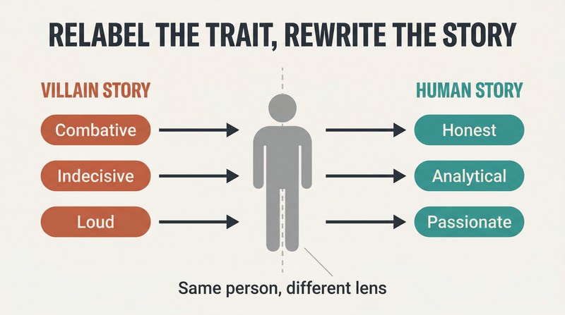 Split panel showing a single person silhouette with negative trait labels on the left transforming via arrows into positive reframes on the right.