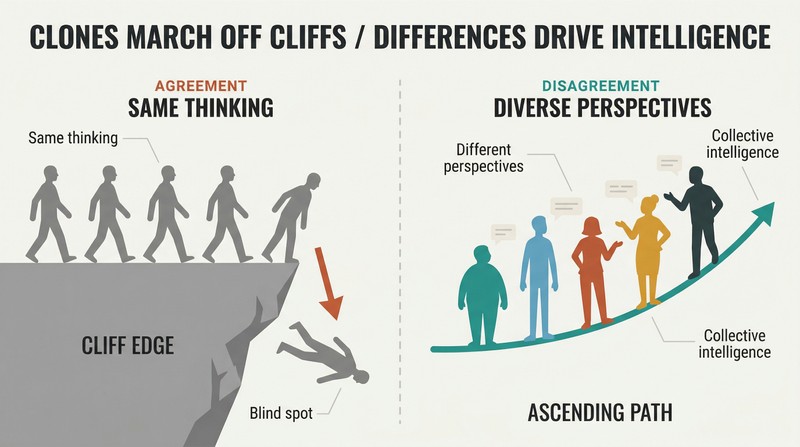Split panel comparing identical silhouettes walking off a cliff edge on the left with diverse figures collaborating and ascending on the right.