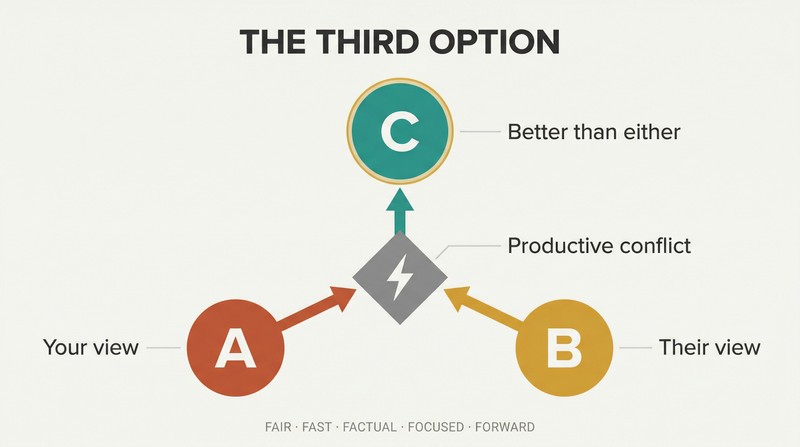 Convergence diagram showing two opposing viewpoints meeting at a conflict zone and producing a single superior third option that rises above both.