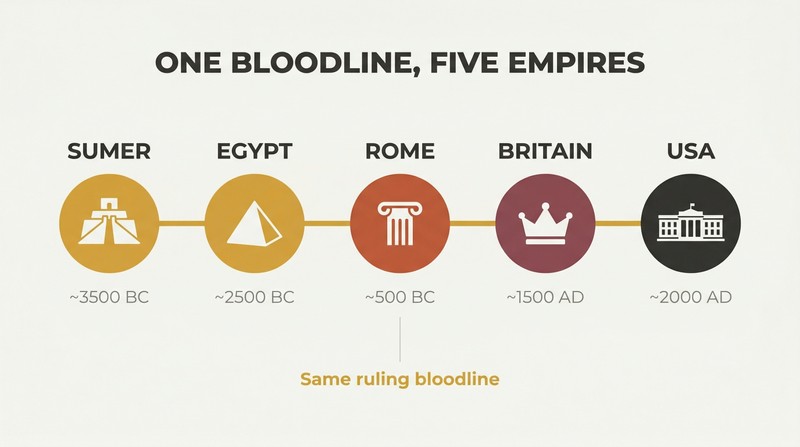 Horizontal timeline from ancient Sumer to the modern White House with five era icons connected by a single unbroken gold line representing continuous bloodline rule.