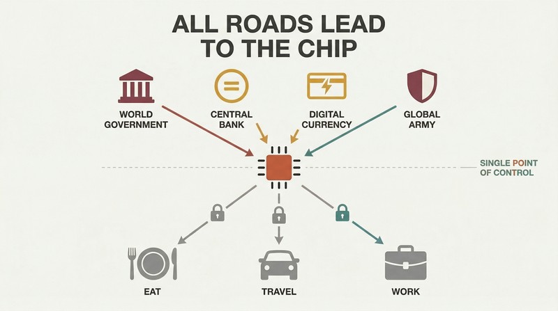 Hourglass diagram showing four agenda strands converging on a central microchip, which then controls three aspects of daily life through a single chokepoint.