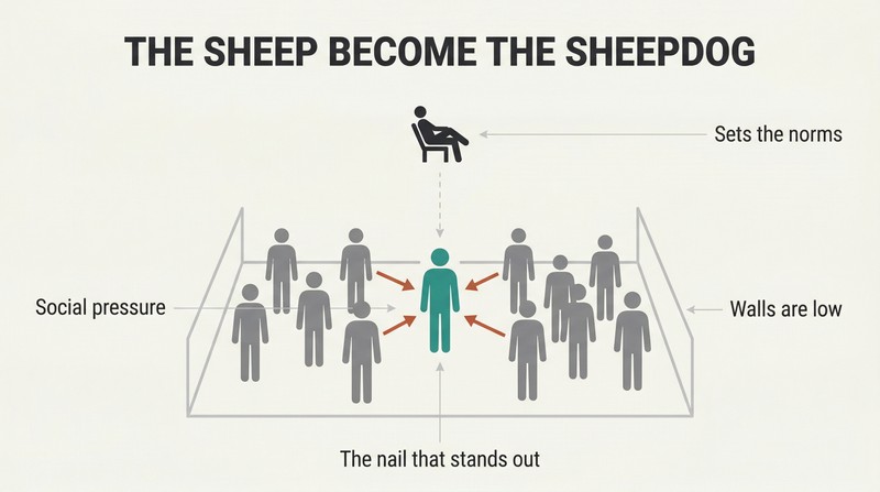 A tiny passive figure above a low-walled pen where crowd silhouettes push down the one figure trying to rise, showing self-enforced social conformity.