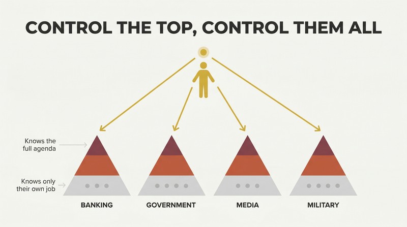 Four organizational pyramids for banking, government, media, and military all converge upward to a single shared apex figure, showing how one controller commands all structures below.
