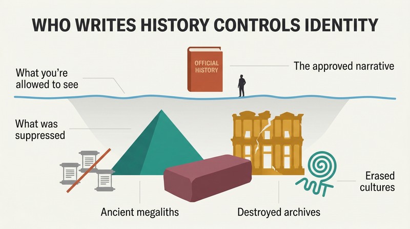 Iceberg diagram showing a small official history book visible above a waterline while vast suppressed ancient evidence including pyramids and destroyed libraries lies hidden below.