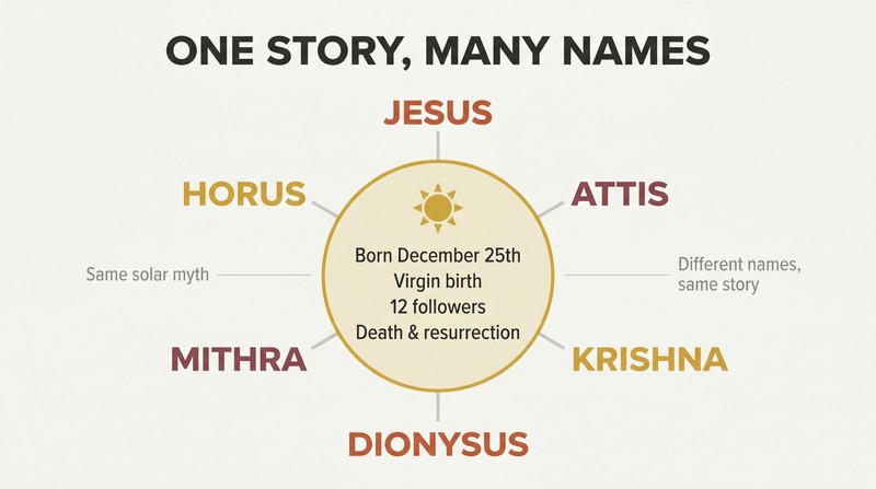 Hub-and-spoke diagram showing six ancient deity names all connected to a central sun symbol listing their shared biographical elements.